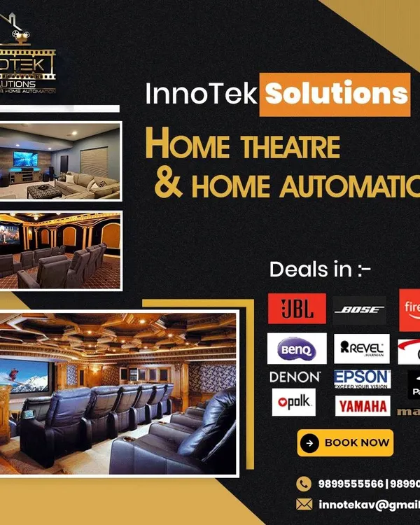 We are your one-stop shop for home theater and home automation. This graphic shows some of the top brands we work with, including JBL, BenQ, Denon, and Yamaha, to build your dream system.
