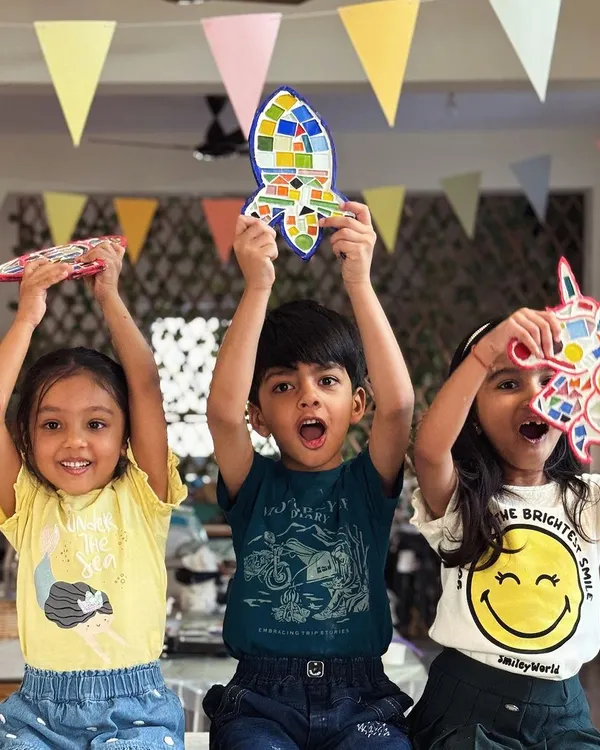 Big dreams, little hands. These three are so excited to show off the mosaic art they made. We offer a variety of shapes, from hot air balloons to rockets and unicorns, so every child can pick their favorite.
