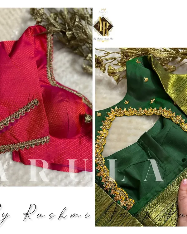A showcase of two different styles. On the left, a pink brocade blouse with a simple border, and on the right, a green blouse with a beautiful scalloped neckline.