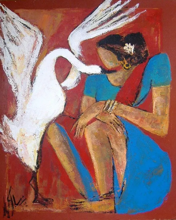 AV Ilango's work is deeply informed by his rural upbringing. In this piece, the interaction between the woman and the swan is rendered with a rich, expressive color palette that speaks of a life connected to nature.