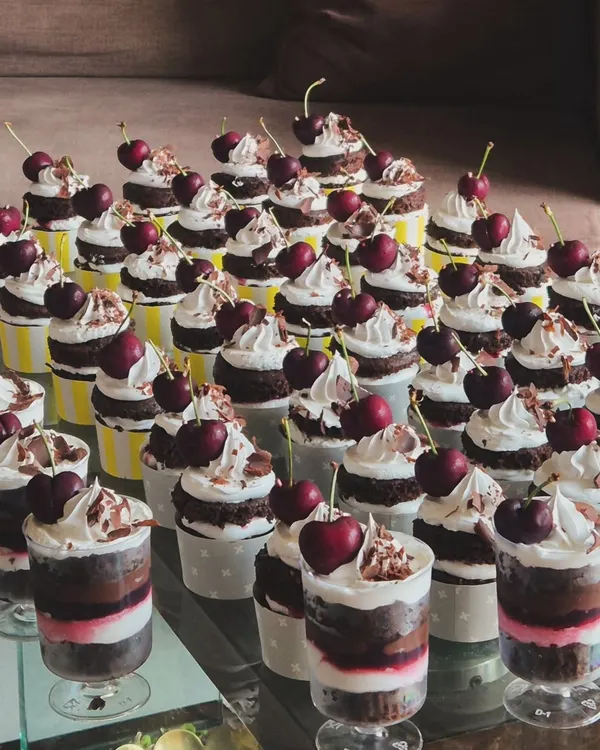 This was for a dessert table featuring my Black Forest treats. You can see the layered cupcakes alongside the Black Forest dessert jars, offering two ways to enjoy the same classic flavors.
