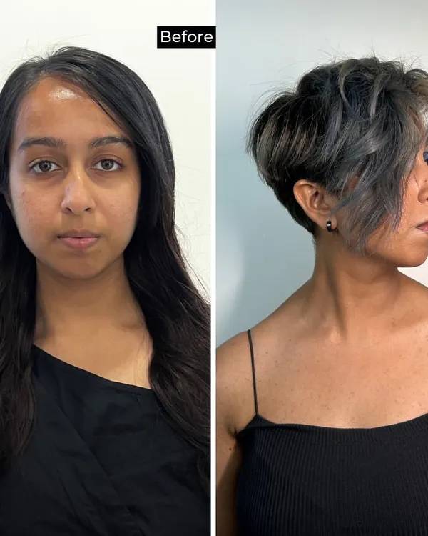 A dramatic transformation from long, dark hair to a chic, modern pixie cut with an edgy grey-blue color. This is the level of skill our students achieve.