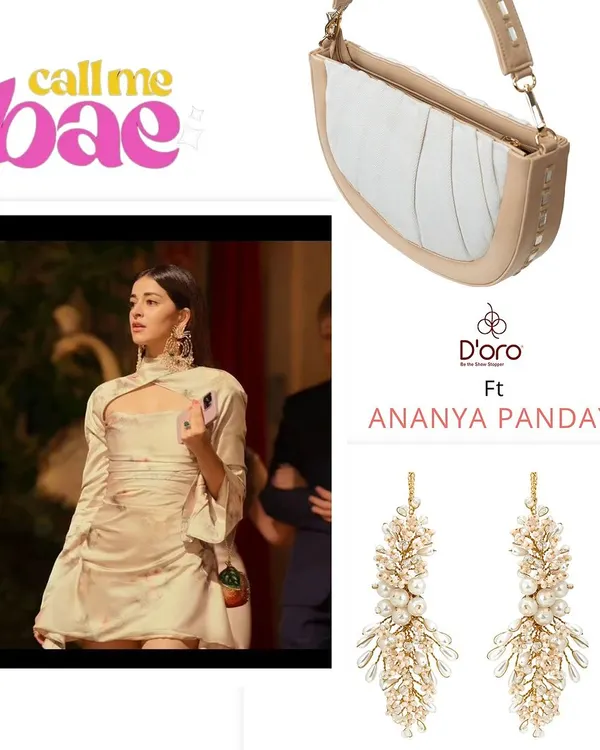 Recreating an iconic look from "Call Me Bae" featuring Ananya Panday. Her elegant beige dress is the perfect match for my pearl and crystal leaf earrings and our white denim swagger shoulder bag.
