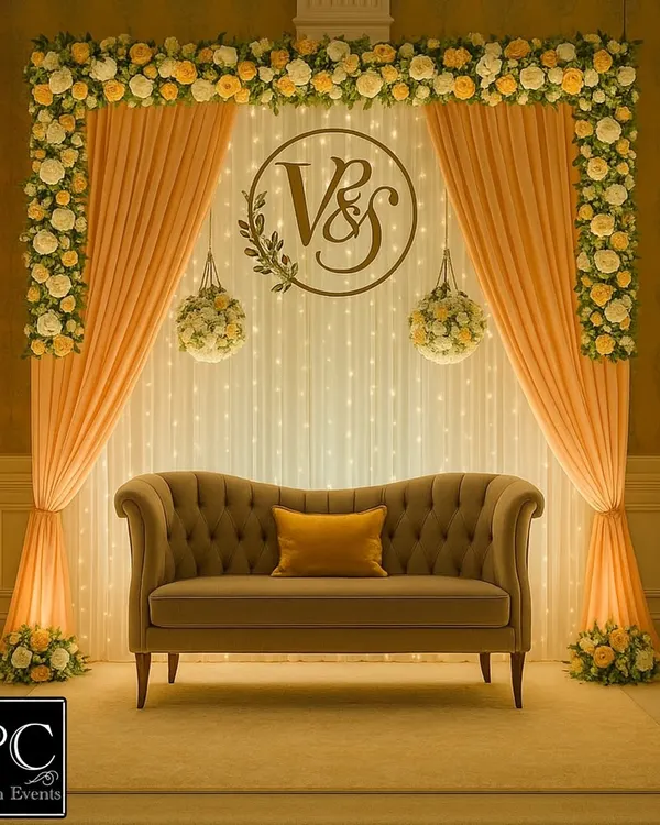 An elegant engagement stage featuring a custom vinyl monogram of the couple's initials. The backdrop of warm fairy lights and peach-colored drapes, framed with florals, creates a sophisticated and personal setting.