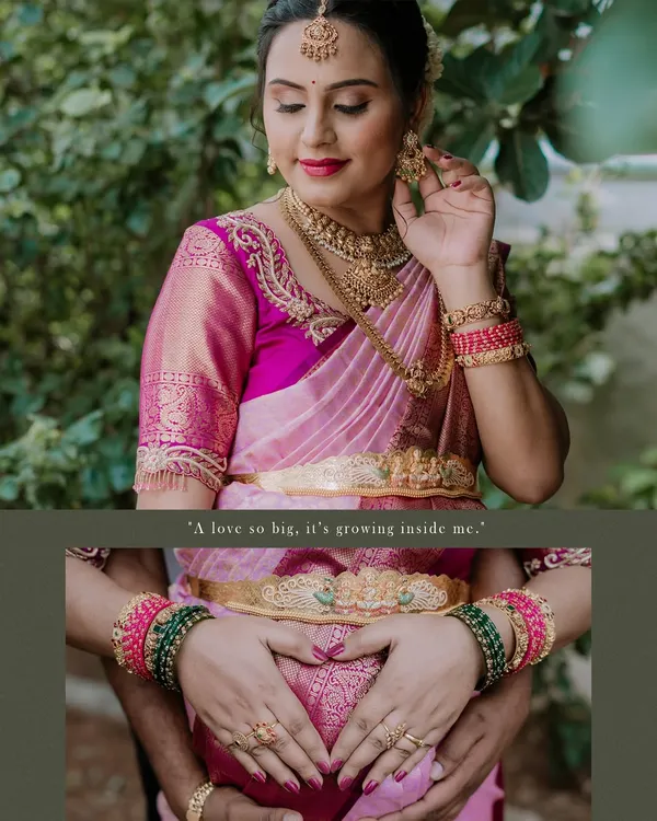 This photo collage highlights the beauty of a traditional maternity shoot. The top frame shows the mother-to-be in her gorgeous silk saree and temple jewellery, while the bottom frame is a close-up of the couple's hands forming a heart on the baby bump.