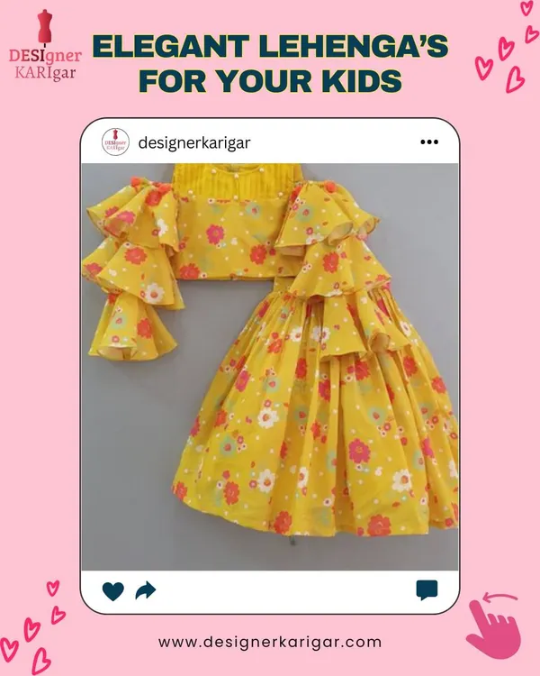 An elegant and playful lehenga for your little one. This yellow floral piece features dramatic ruffled sleeves, perfect for a party or festive event.