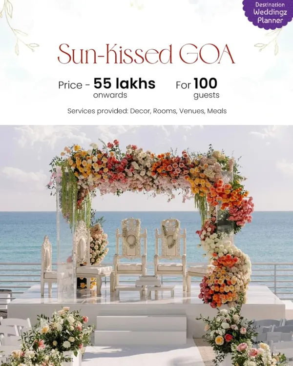 This is what a dream beach wedding looks like. I handle everything from the floral mandap against the ocean to the guest accommodations, all within a clear budget. For a sun-kissed Goa wedding for 100 guests, we can start from 55 lakhs.