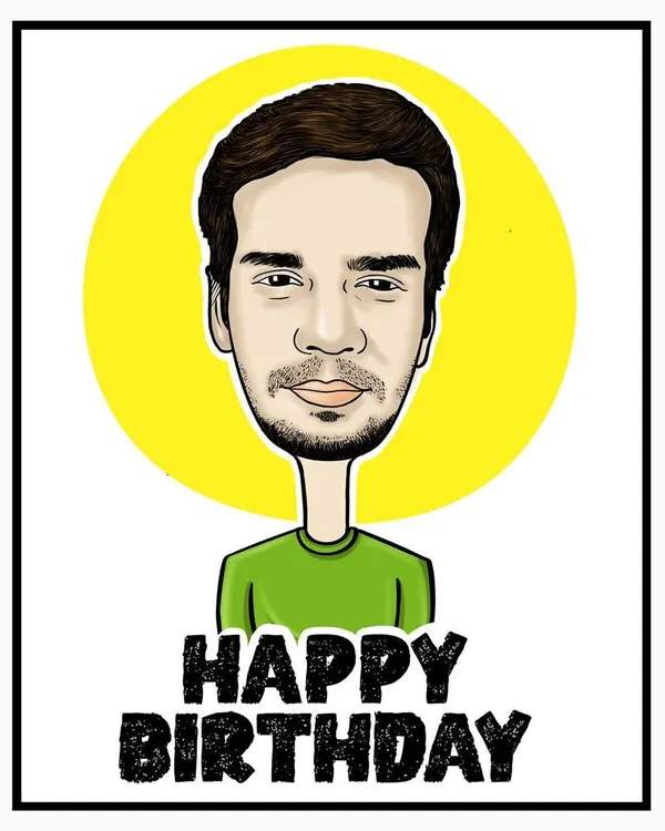 A colorful digital caricature created as a personalized birthday gift. The bright background and bold text make it a cheerful and celebratory portrait.
