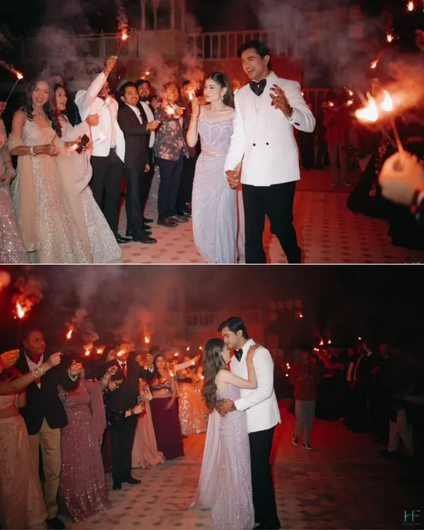 A grand entrance with sparklers and a romantic kiss on the dance floor. This collage perfectly captures the celebratory and intimate moments of a Sangeet night.