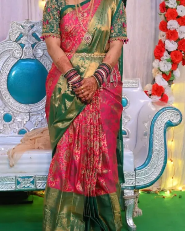 A happy client looking radiant at her event. I focus on creating a drape that is not only beautiful but also comfortable and secure, so you can enjoy your special day without any worries.