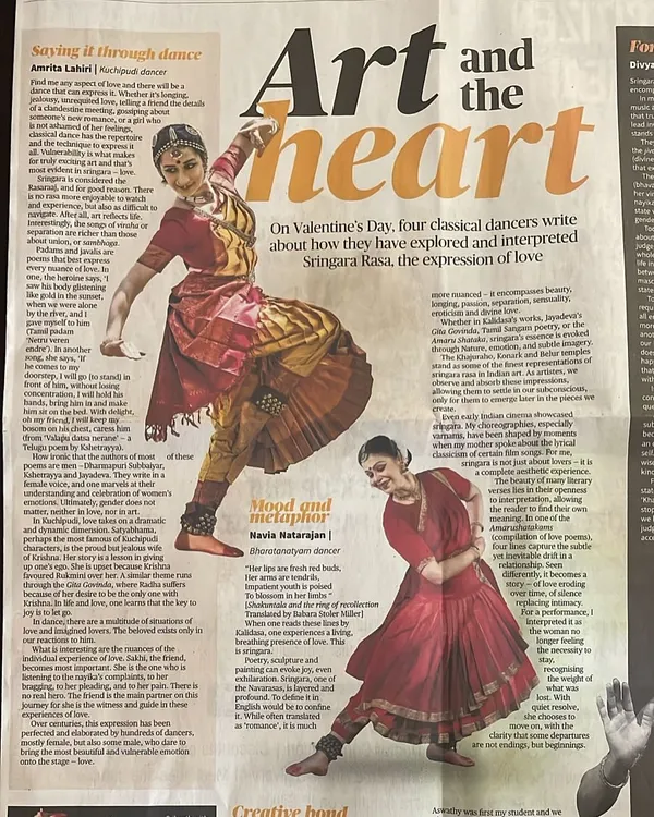 An article I wrote for The Hindu newspaper on Valentine's Day about how Indian classical dance explores every facet of love, or 'Shringara Rasa'. Vulnerability is what makes for truly exciting art.