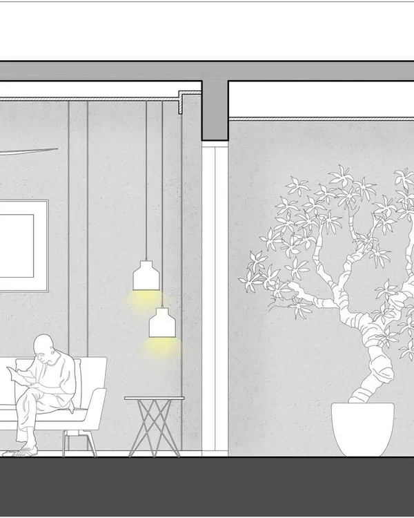 This sectional elevation illustrates a living space concept, showing the relationship between a seating area and an outdoor courtyard with a feature tree. These drawings help us study scale, light, and human interaction.