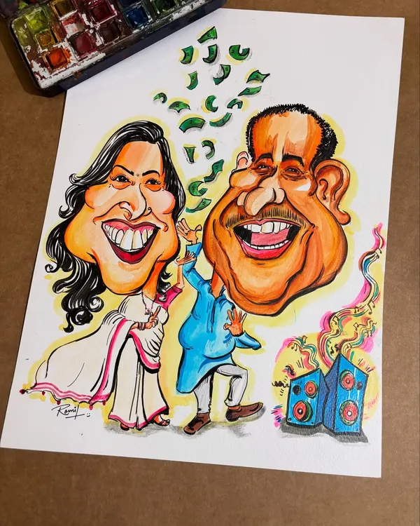 This one is all about the party! A fun-loving couple dancing their hearts out, with money flying and music blasting. This custom caricature captures their vibrant energy and love for celebration.