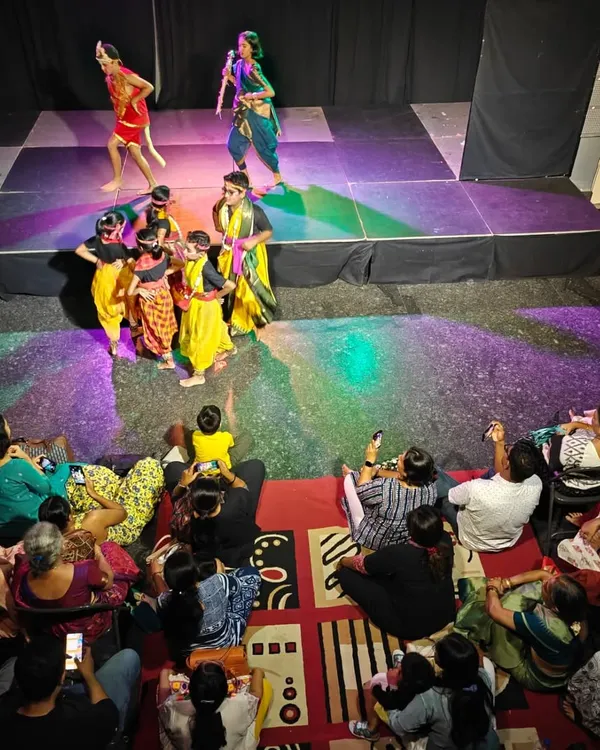 This is what a full heart and a full house looks like! An overhead view of our flexible floor seating during a Yakshagana performance by our talented 'putta puttis'. You can feel the energy in the room as the audience is completely captivated by the young performers on stage.