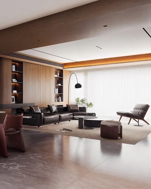 A Lumion rendering course preview, this image of a modern living room showcases a moody, sophisticated aesthetic with dark wood and leather. It demonstrates the quality of texturing and lighting taught in my course.