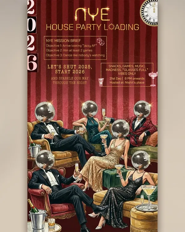 NYE house party invites are officially my favorite. This one had a great design brief: jazzy fits, loud laughs, and big-vibe energy. The disco-ball head illustrations perfectly captured the fun mood.