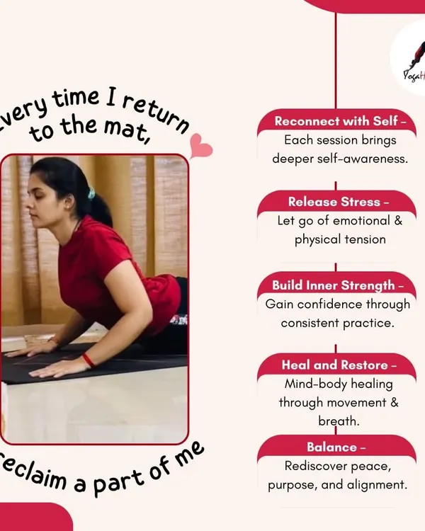 Every time I return to the mat, I reclaim a part of myself. This infographic shares the journey of self-reconnection, stress release, and healing that happens with each practice.
