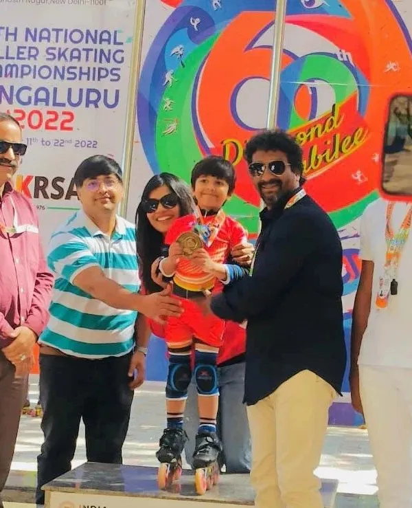 A glorious moment for Rayaansh, standing on the podium to receive his gold medal at the 60th National Roller Skating Championships in Bengaluru. This was a historic event for para-skaters, and he shone brightly.