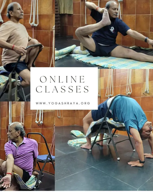 This collage shows the variety of asanas we explore in online classes, from seated twists to supported backbends. All you need are a few basic props and a desire to learn.