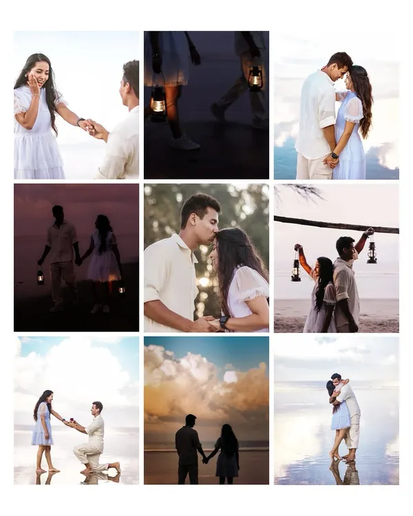 A collage showcasing the story of a beach proposal. It captures the surprise, the joy, and the romance of the moment, from holding hands with lanterns to getting down on one knee.