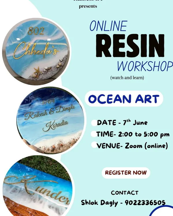Hello fellow artists. This poster is for my online Ocean Resin Art workshop. In this session, I teach you how to create an ocean-themed nameplate, covering everything from base preparation and creating waves to achieving a perfect glossy finish.