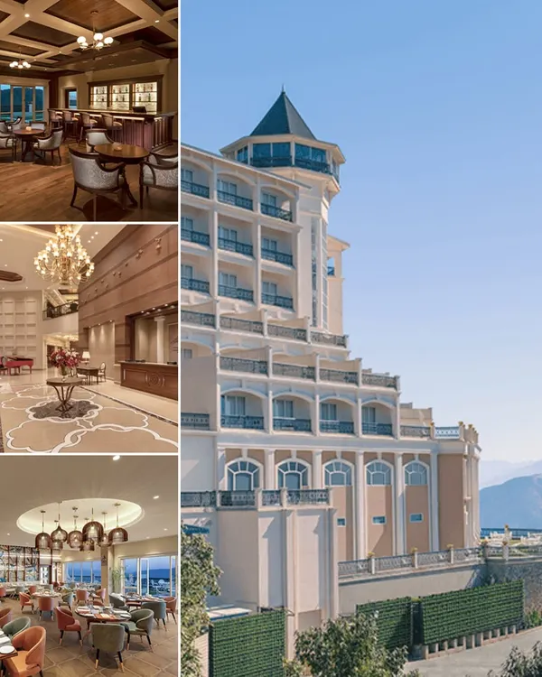 A collage of the ITC Tavleen, Chail, highlighting the grand European-style exterior, the opulent lobby, a fine-dining restaurant, and the cozy bar. This project balances impressive public areas with intimate, comfortable spaces.