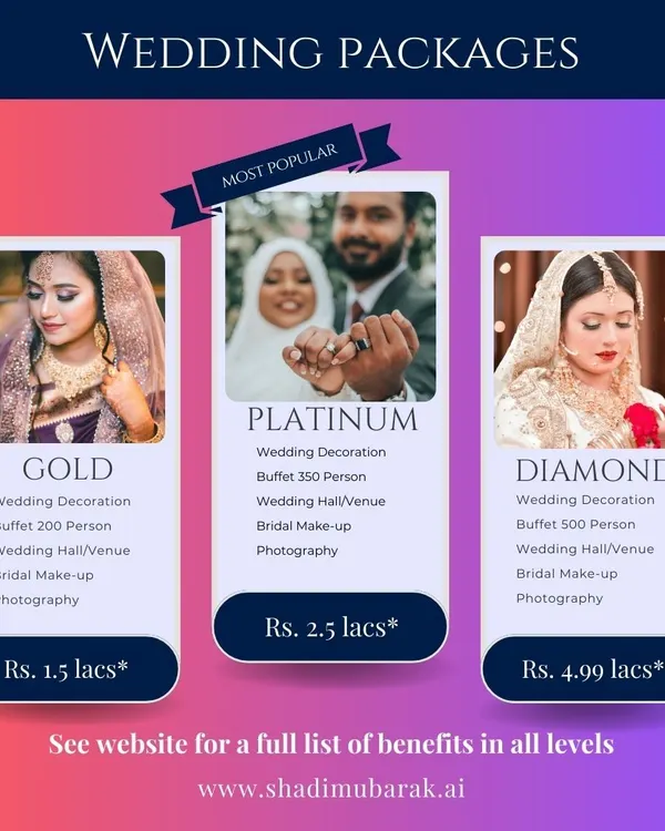 Here are my three main wedding packages: Gold, Platinum, and Diamond. Each one is designed to provide a complete wedding solution for different guest counts, with clear pricing to help you budget.