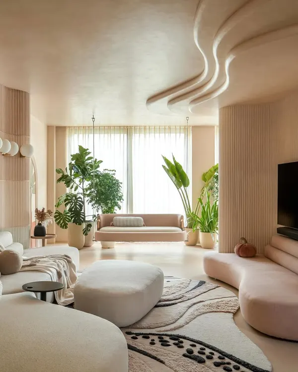 This living room is the heart of our "House of Mousse" project. We designed the space to feel like a soft cocoon, using flowing curves in the ceiling and furniture to create a sense of continuity and calm. The earthy, mousse-inspired color palette and lush greenery transform the interior into a living, breathing sanctuary.