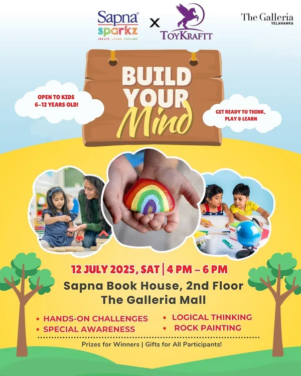 An announcement for our 'Build Your Mind' event, a fantastic workshop combining hands-on challenges, logical thinking, and rock painting for kids aged 6-12.
