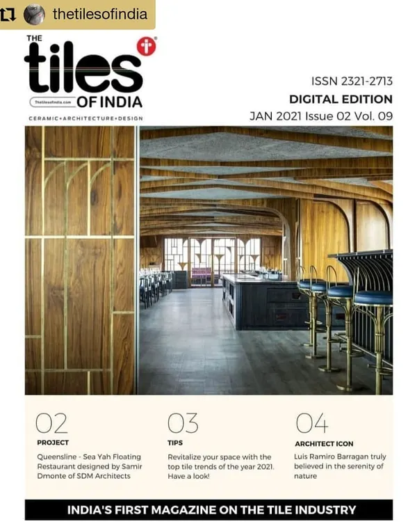 Our Queensline Sea Yah project was featured on the cover of The Tiles of India magazine. The article highlighted the project as an example of innovative hospitality design and a significant architectural undertaking in Mumbai.