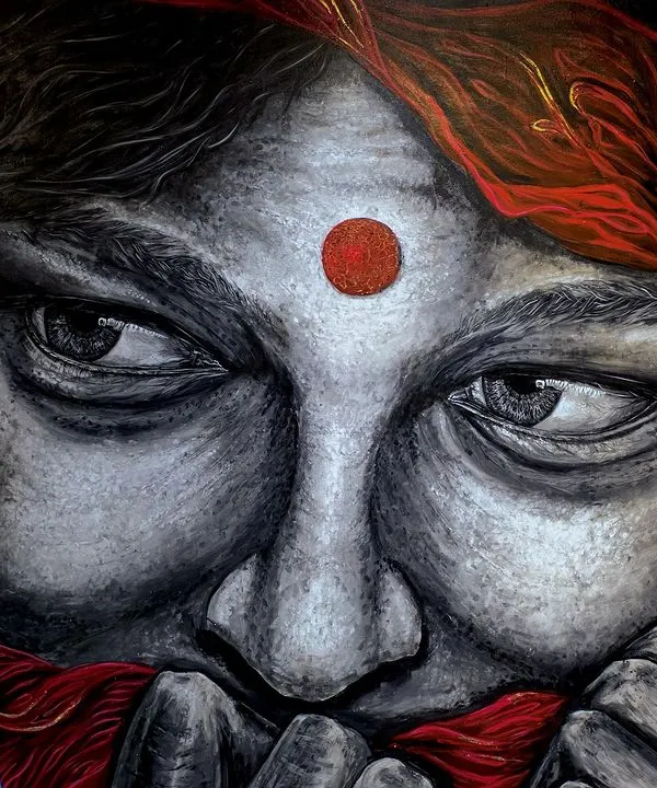 'Visalakshi' is a large-scale acrylic portrait of a woman I met on my travels. Her eyes hold a universe of stories, of love, power, and yearning. This is the depth I aim for in every custom portrait commission.