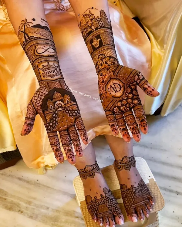 This is a great example of a fully customized bridal mehandi, incorporating the London skyline, couple's initials, an infinity symbol, and beach scenery.