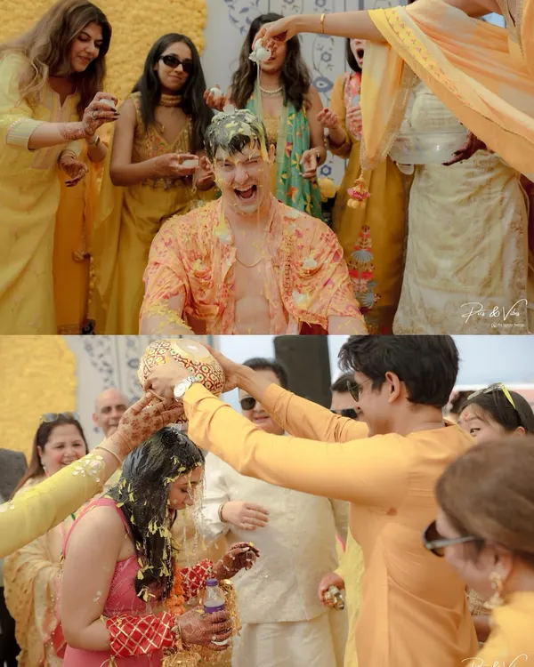 A diptych of pure Haldi fun. The top frame shows the groom's ecstatic reaction as he's covered in haldi, while the bottom shows the bride enjoying her own ceremony.