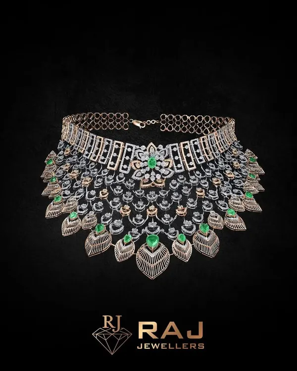 This magnificent CZ choker, intricately detailed with vibrant green stones and leaf-inspired motifs, is a masterpiece of festive jewellery. Crafted in gold, its cascading design makes it a breathtaking statement piece for weddings and grand celebrations.