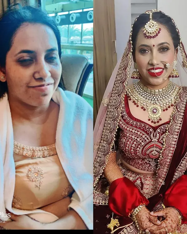 A complete bridal transformation for a North Indian wedding. We went for a classic look with a red lip, glowing skin, and beautifully defined eyes that make her shine.