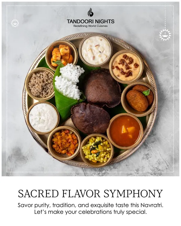 A sacred flavor symphony for Navratri. This beautiful thali showcases the purity, tradition, and exquisite taste of our Satvik menu, specially curated for the nine nights of celebration.