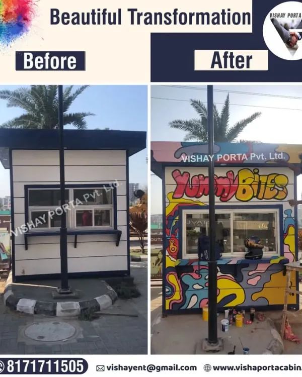 Look at this transformation. I took a standard cabin and turned it into a vibrant, eye-catching food kiosk called 'Yummy Bites'. This shows that my cabins are not just for offices; they are a blank canvas for your business idea, ready for any custom artwork or branding you can imagine.