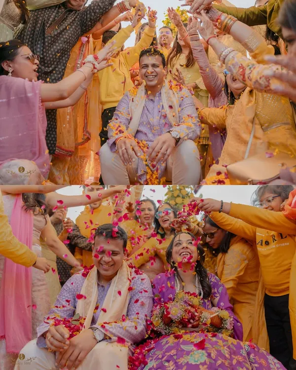 A shower of flower petals for the happy couple. Arushi and Samagra's haldi was a beautiful mix of fun and tradition, with everyone joining in to bless them.