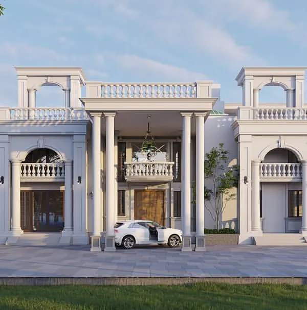 An upcoming project showcasing classical Roman-style architecture with Georgian mouldings and stylish balusters. The design features a grand double-height entrance porch and is set within a landscape that is 75% green space.