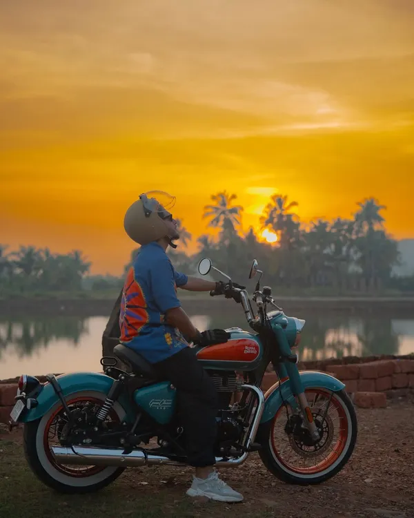 I captured this moment with the Royal Enfield Goan Classic 350 during the golden hour in Goa. This shot is all about the feeling of freedom and adventure that the brand represents, blending the motorcycle seamlessly into a beautiful, natural landscape.