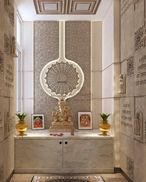 A truly special mandir design. The walls are clad in stone-textured panels with engraved scriptures, and the backdrop features an intricate, backlit circular mandala. This space is a testament to how design can elevate spirituality.