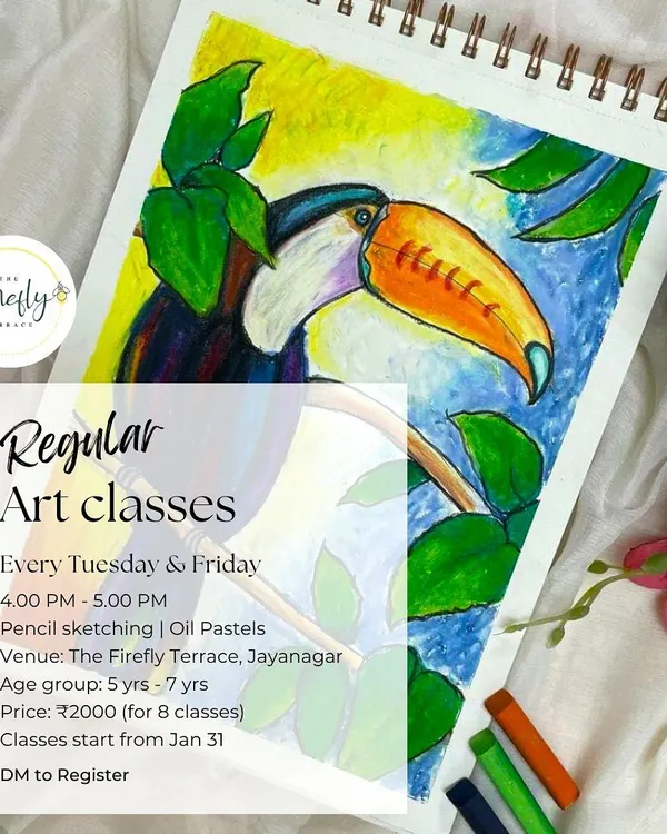 My regular art classes are a great way for kids to build their skills in a fun, supportive environment. This poster details our oil pastel class for 5-7 year olds, where we cover everything from sketching and blending to color theory.