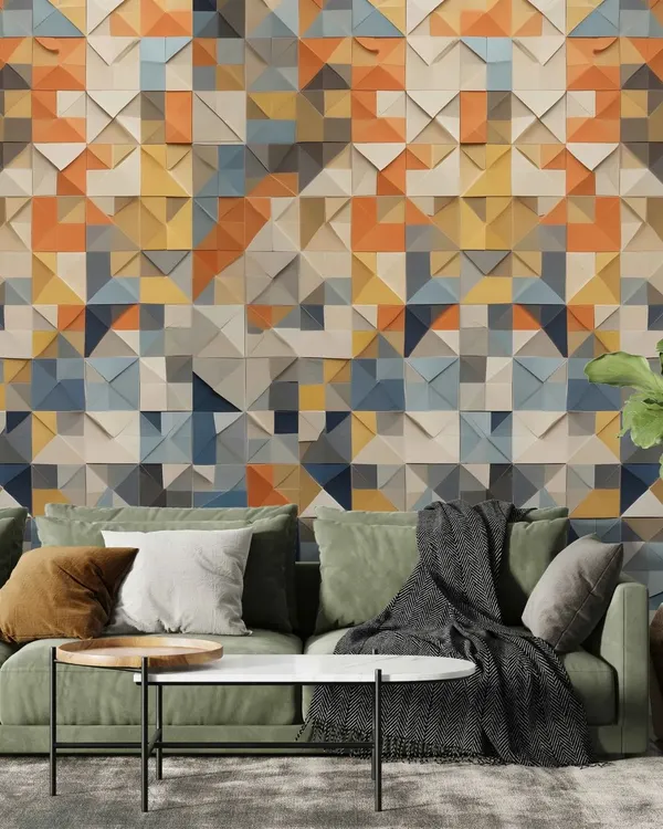 See how these peel and stick wall panels serve as a vibrant backdrop for a modern living room. The mix of orange, blue, and yellow in the tiles perfectly complements the green sofa, creating a cohesive and stylish interior design.
