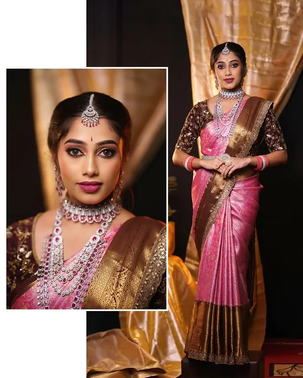 A collage showing different angles of this modern reception look. The focus is on a clean drape that complements the heavy diamond jewellery and embroidered blouse.