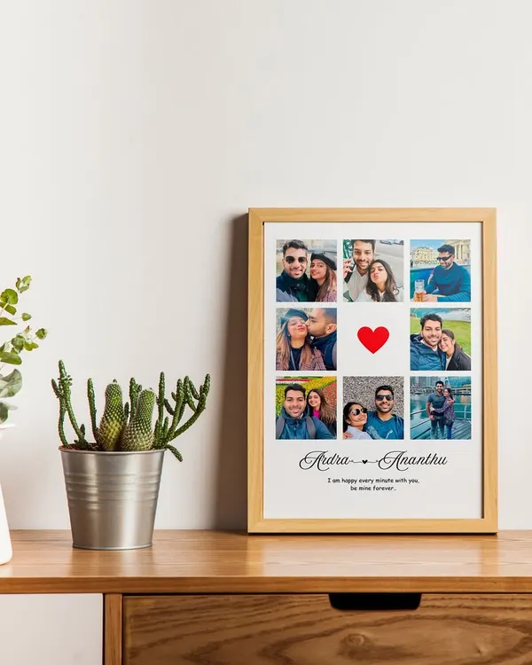 A custom photo collage frame designed for a couple, 'Ardra & Ananthu'. It features a grid of their favorite pictures and a personalized message, creating a beautiful summary of their relationship.