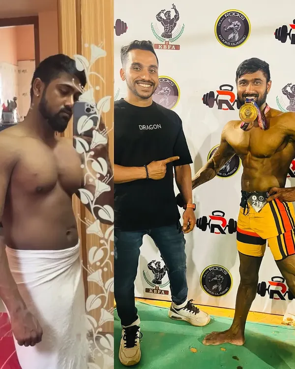 This is the power of dedication. Here I am with my client, Murali, showcasing his incredible transformation from his starting point to winning a medal on the bodybuilding stage. This is proof that with the right plan and consistent hard work, any goal is achievable.