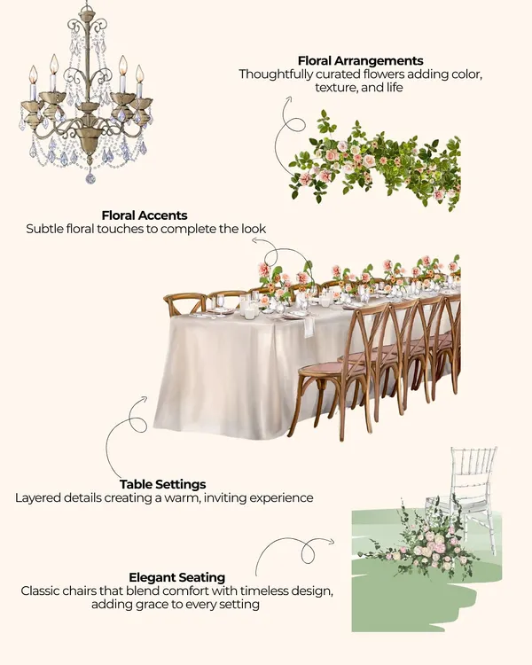An illustrated breakdown of how I approach table design. It shows the key layers: elegant seating, the table setting itself, subtle floral accents, and a statement floral arrangement, all working together.