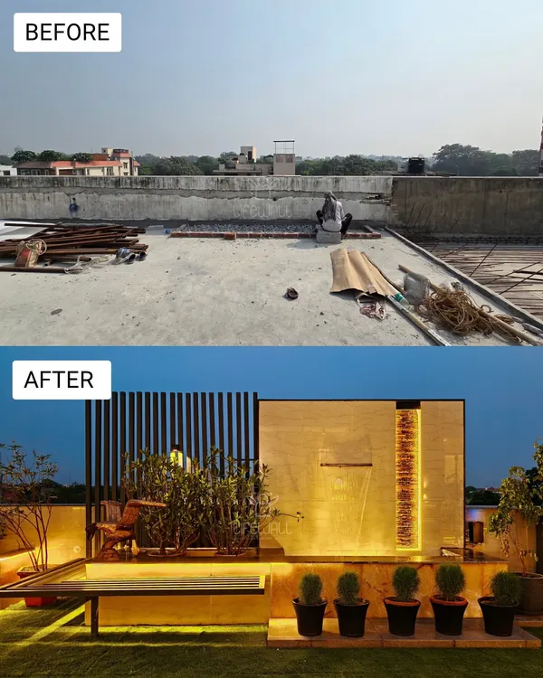 From a barren construction site to a serene evening retreat. We added a stunning water feature wall, built-in seating with ambient lighting, and lush artificial grass to create a complete outdoor living room.