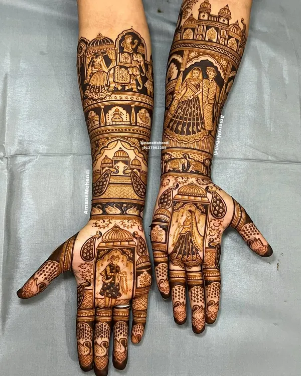 This is the kind of epic bridal mehndi I love to create. This full-arm design tells a complete story, with detailed portraits of the couple's wedding ceremonies, including the varmala and doli scenes, surrounded by traditional Rajasthani architectural motifs.