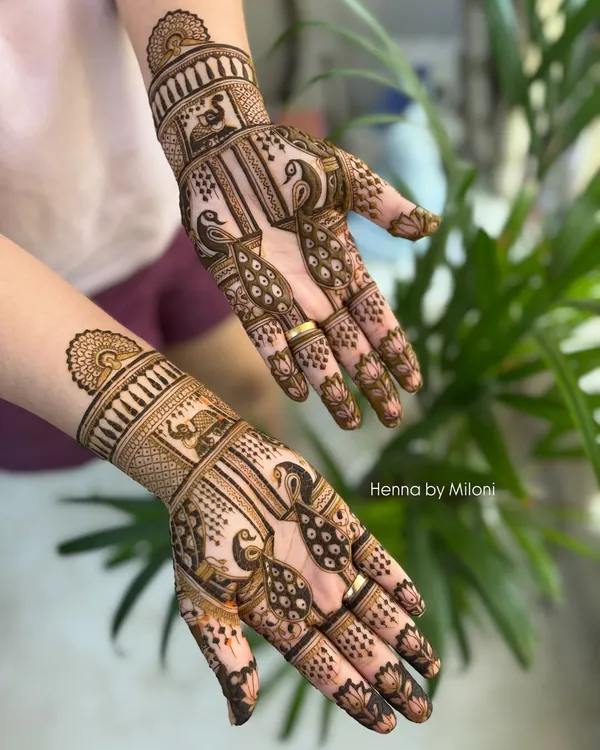 A beautiful example of traditional Rajasthani mehendi. This design features elegant peacocks and elephants, classic symbols of grace and royalty in Indian weddings.